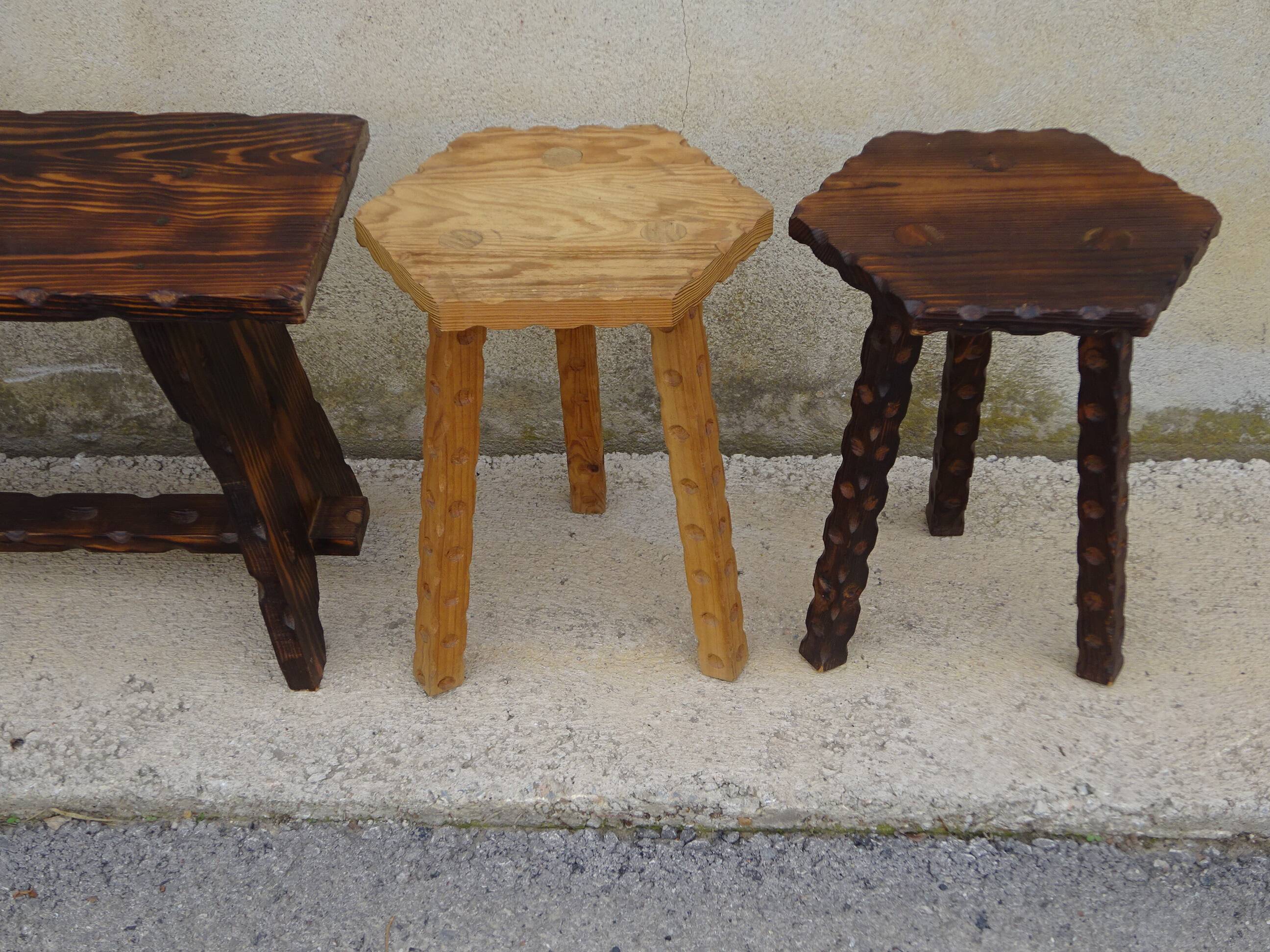 solid pine tripod stools, 2