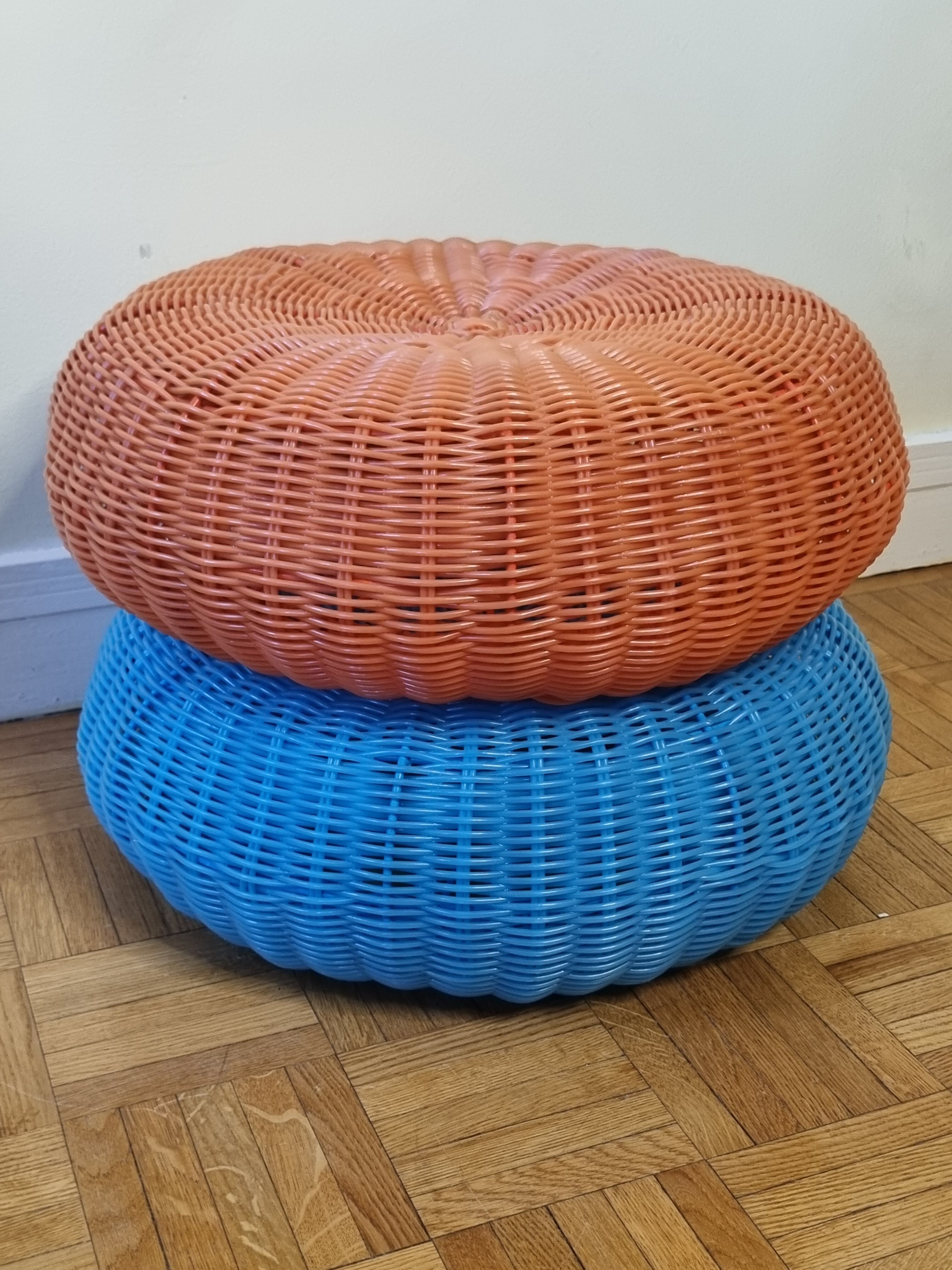 Pair of vintage blue and orange Ikea poufs, 80s