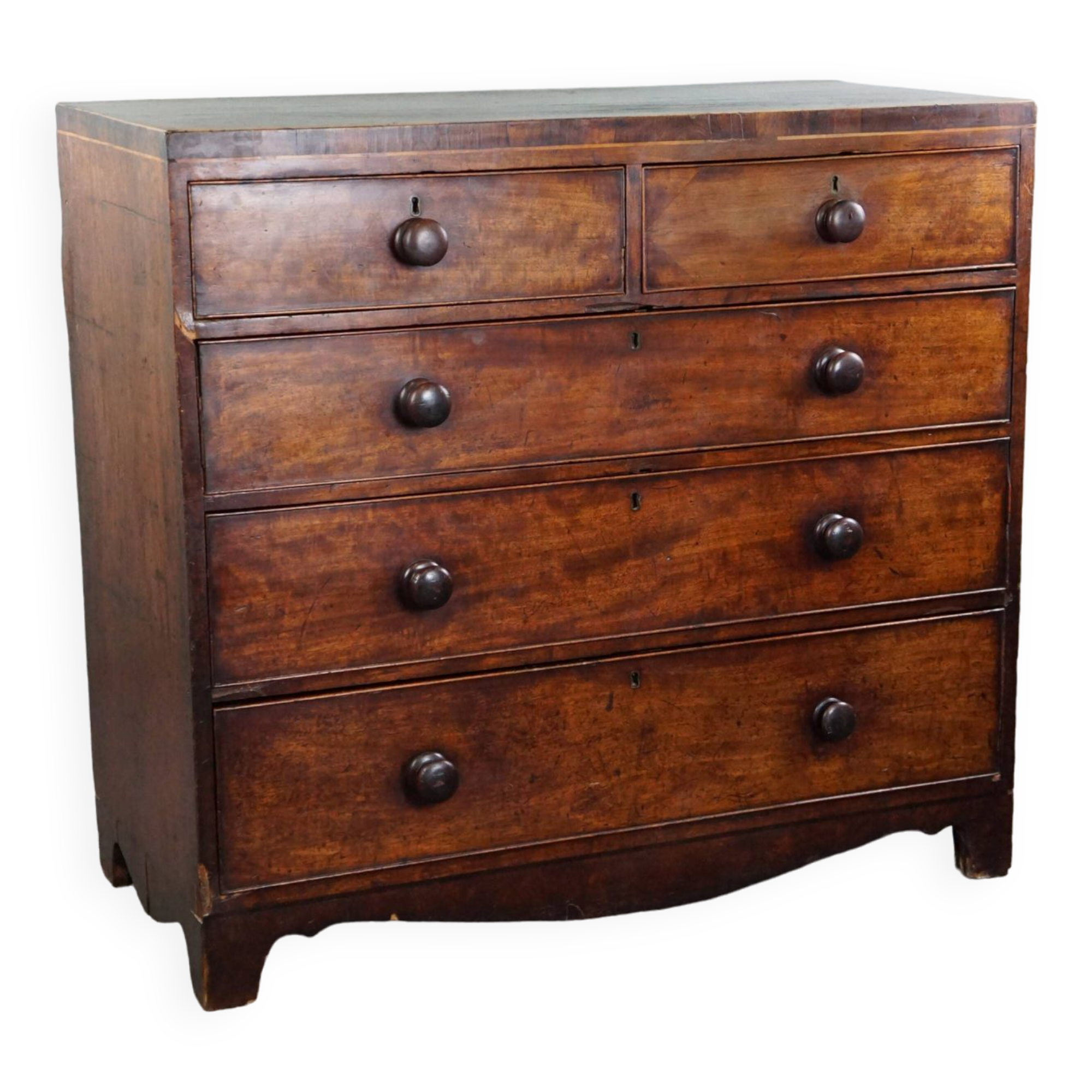 Commode antique anglaise robuste en acajou avec 5 tiroirs du milieu du 19ème siècle