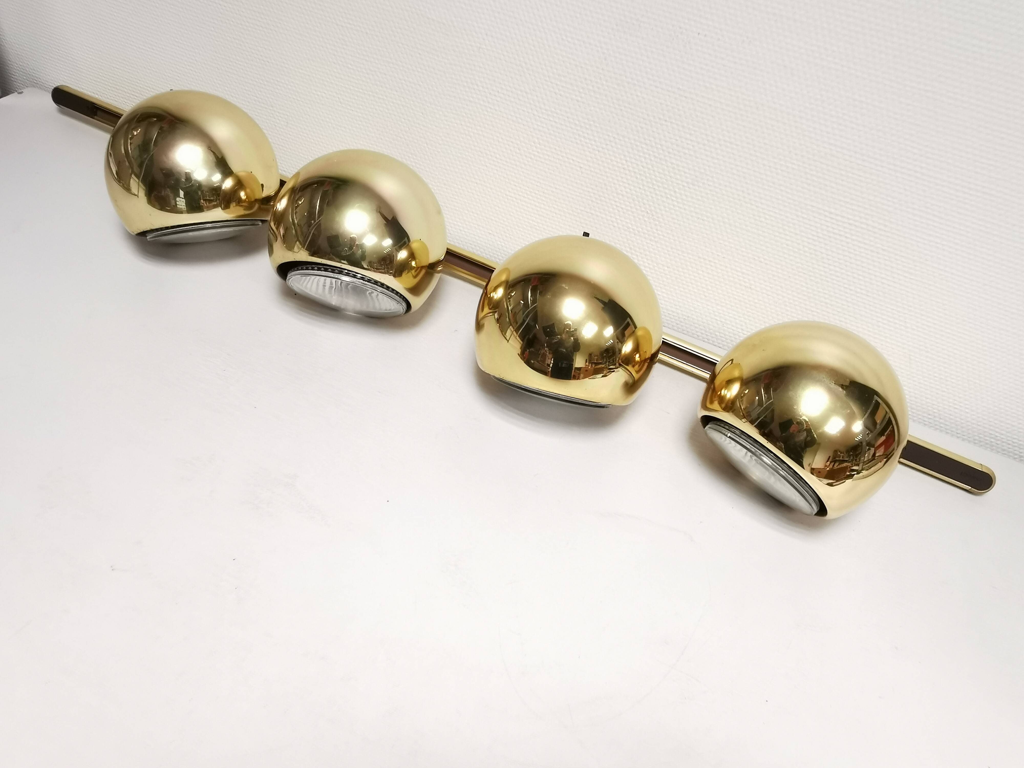 4 large golden ball spots, space age 60 70's. concord wall light on rails
