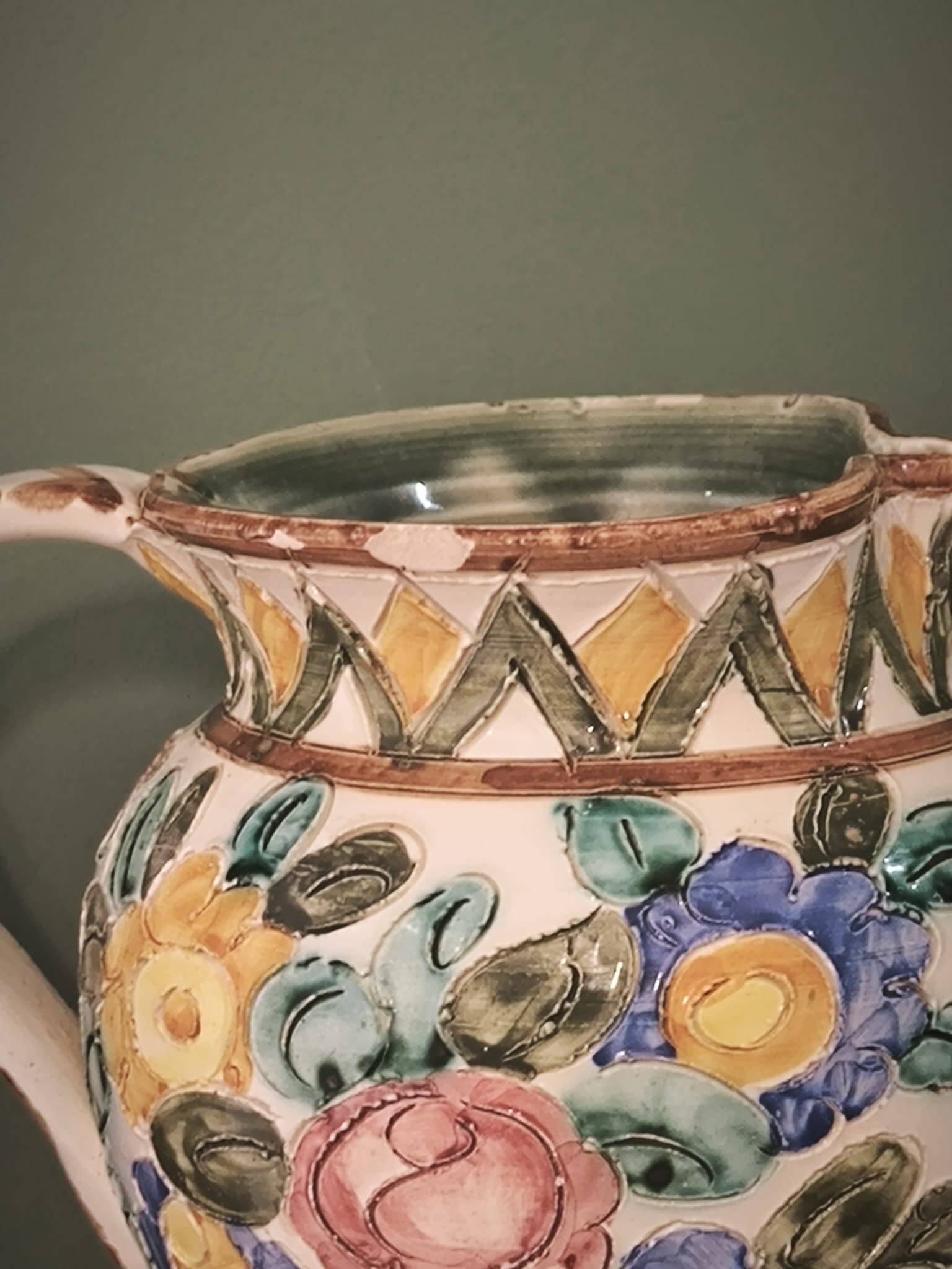 "Cérart Monaco" ceramic pitcher, signed — colorful floral decoration