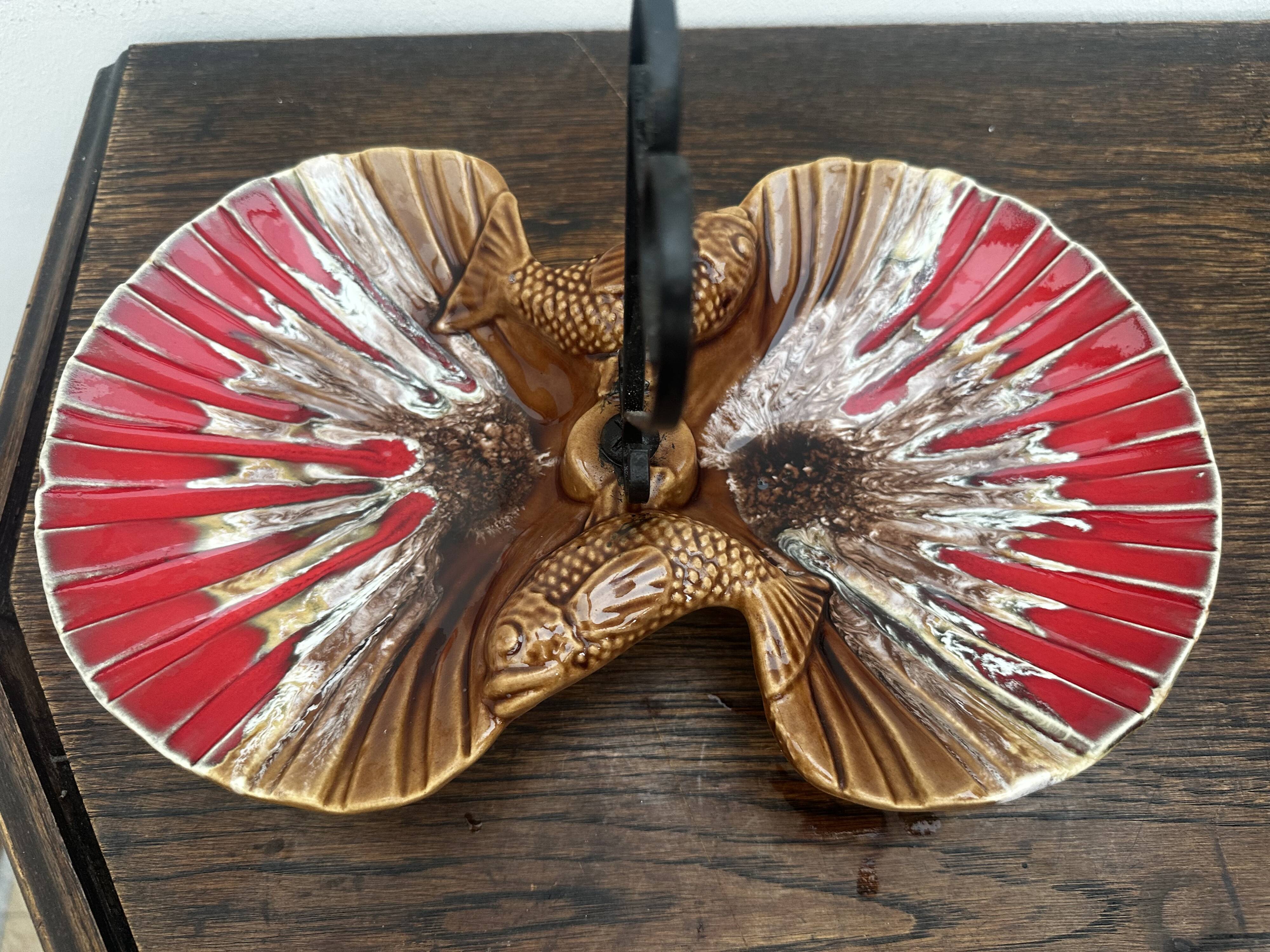 Ceramic hors d'oeuvre server Vallauris shell slipware fish