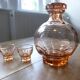 Carafe and 5 pink glass liqueur glasses with a gold rim 2008123