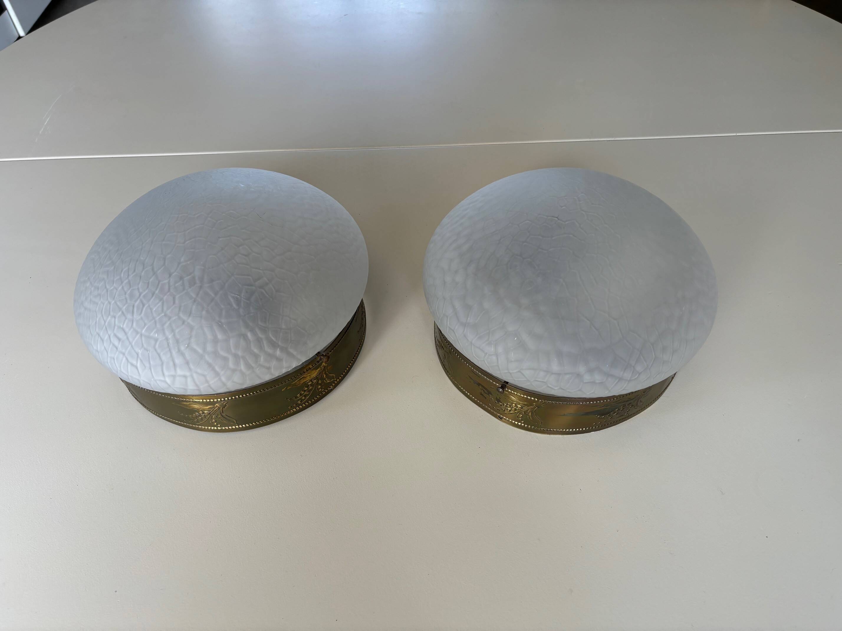 2 1930s ceiling lights in brass and frosted glass