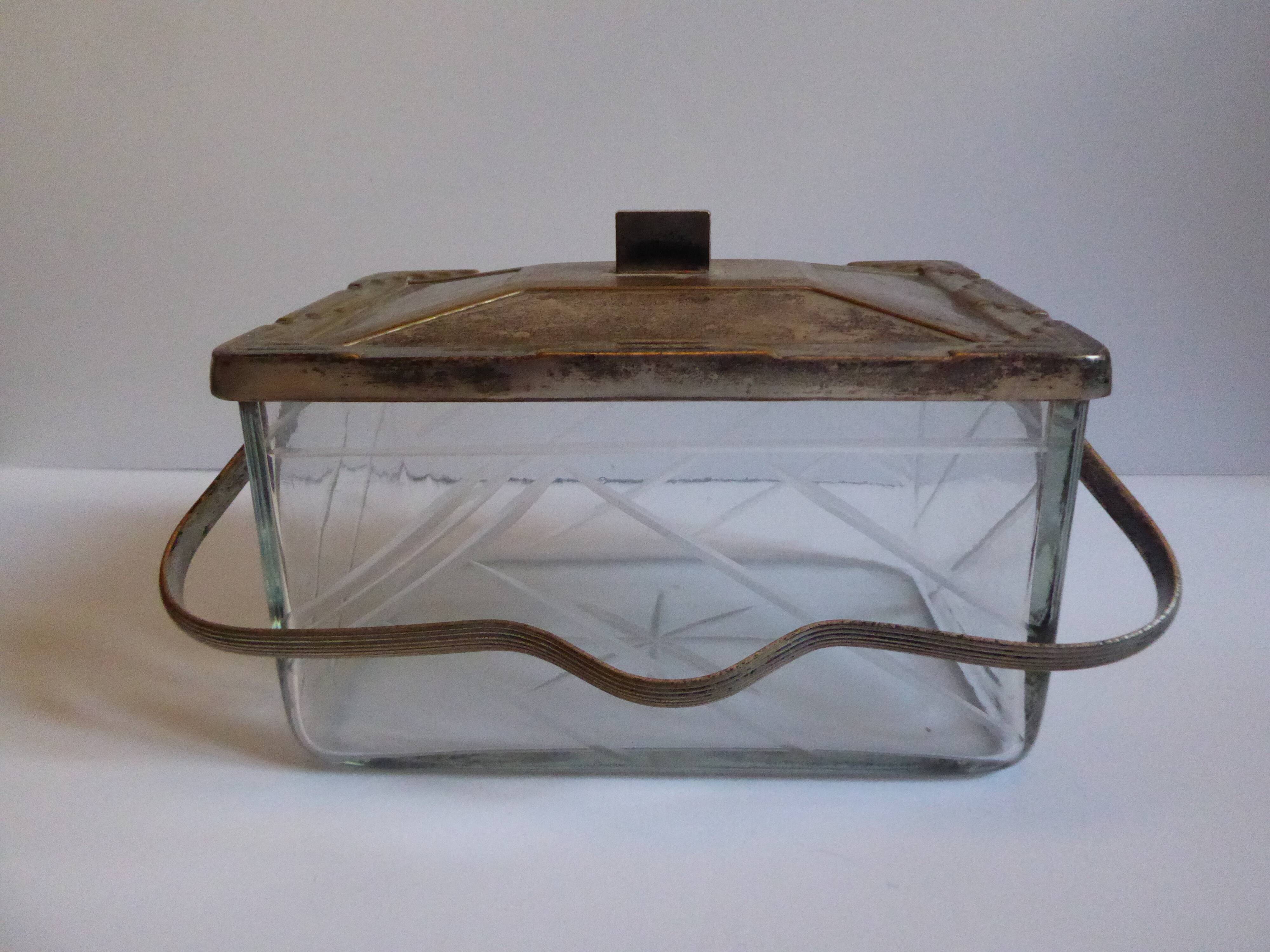 Art Deco vintage glass and silver metal cookie box
