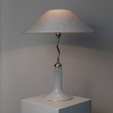 White Murano Glass Table Lamp with Zigzag Silver Metal Details and Textured Silk Shade, Italy 1980s