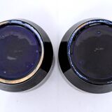 Pair of caches pots Sarreguemines - blues of Longwy - golden geometric decorations - XIXth