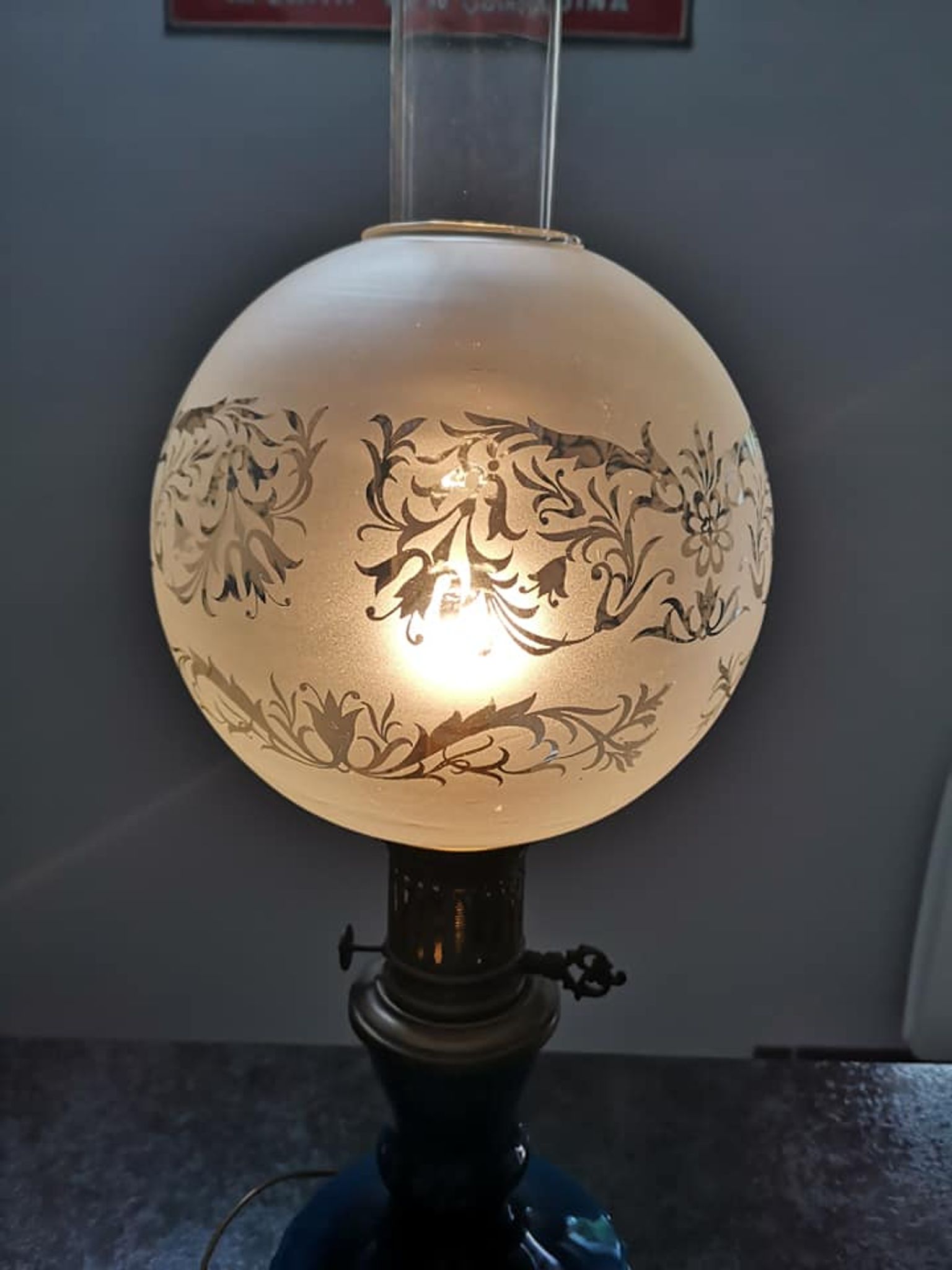 Old large ceramic lamp cracked globe + glass tube H 59 cm TBE