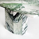 Vintage dining table in green and white veined marble. Completely restored. Italy, 90's