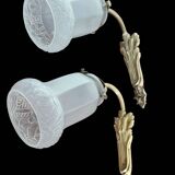 Paire d'appliques Art Nouveau en bronze doré et verre moulé dépoli