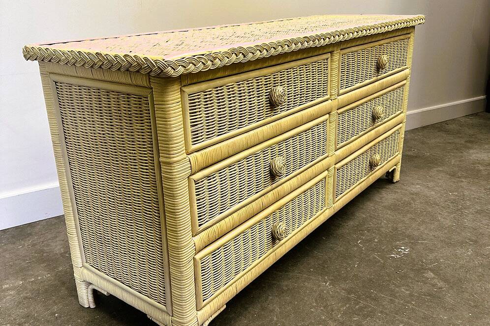 Mid-century pale yellow rattan and bamboo chest of drawers