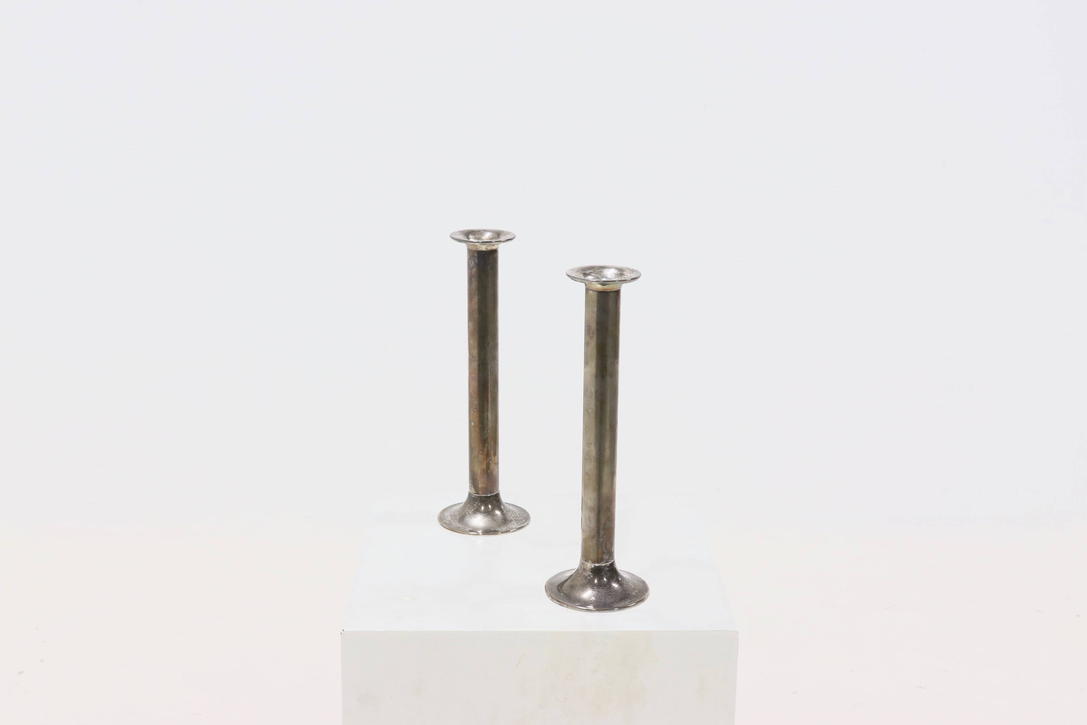 Pair Stainless Steel Silver Plated Candlesticks 1960s
