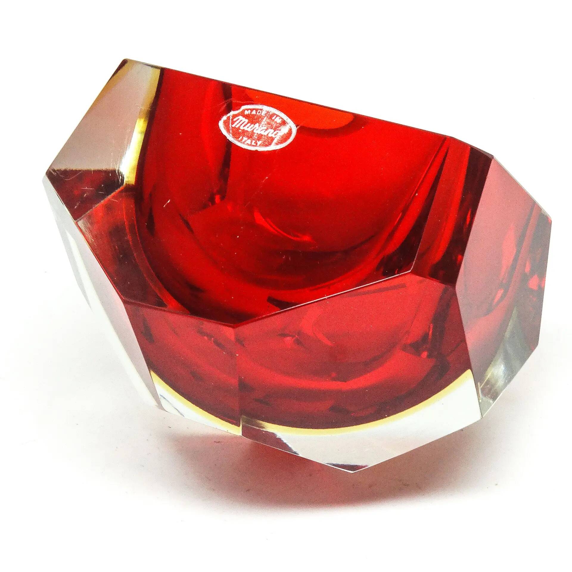 Murano basket, modernism, red glass, designed by F. Poli, Italy, 1950s