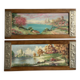 Pair of Art Deco wood and embossed metal landscape frames