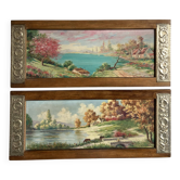 Pair of Art Deco wood and embossed metal landscape frames