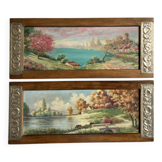 Pair of Art Deco wood and embossed metal landscape frames