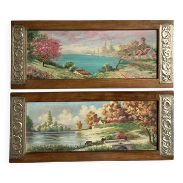 Paire de paysages cadres Art Déco bois et métal embossé