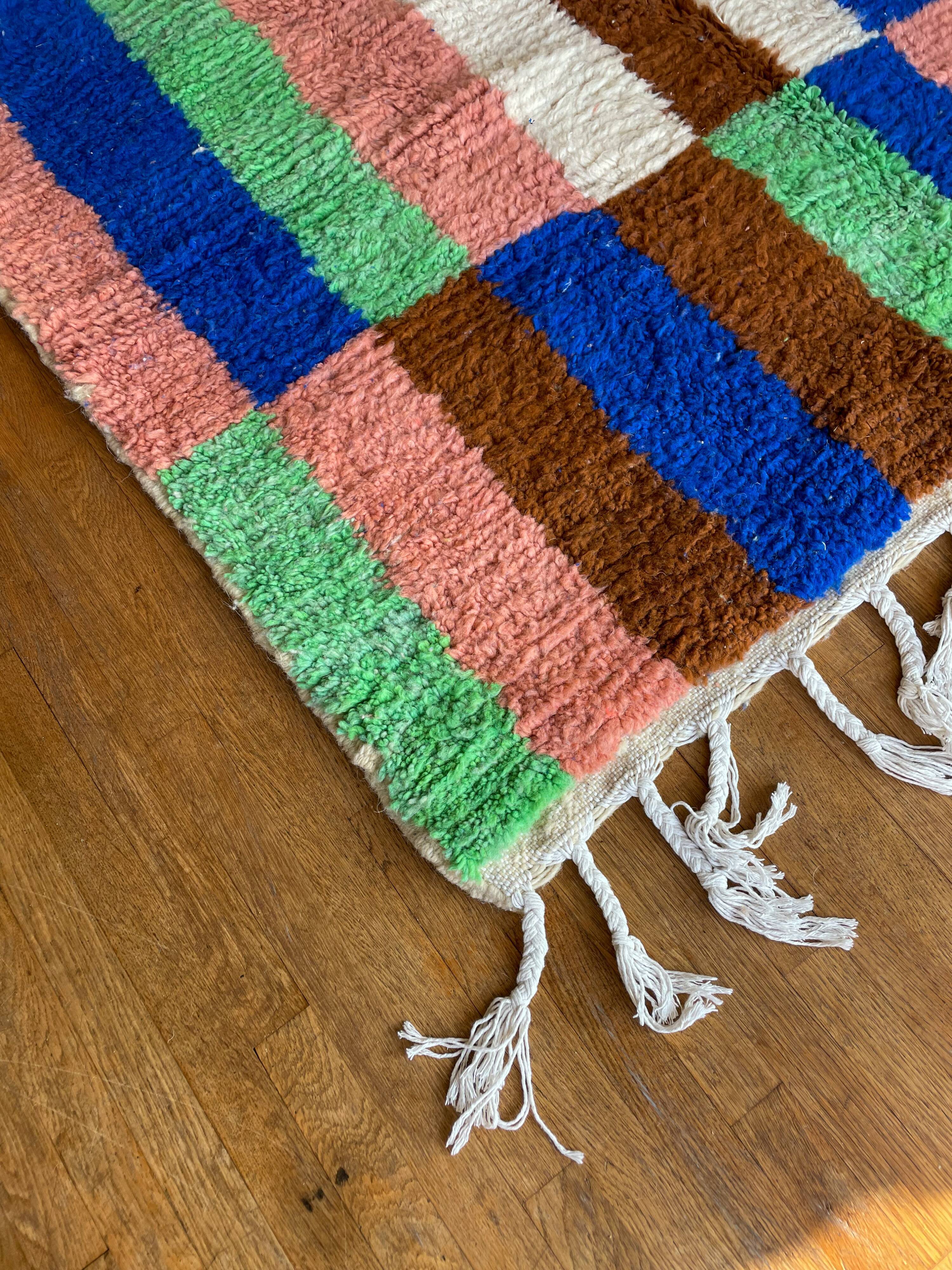 Berber carpet boujad colorful blue majorelle green brown peach