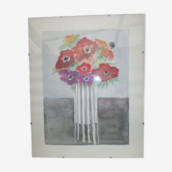 Ancienne aquarelle sous verre, bouquet de fleurs