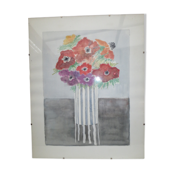 Ancienne aquarelle sous verre, bouquet de fleurs