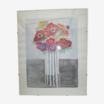 Old watercolor under glass, bouquet of flowers