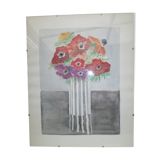 Ancienne aquarelle sous verre, bouquet de fleurs
