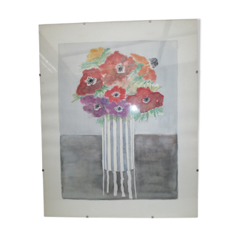 Ancienne aquarelle sous verre, bouquet de fleurs