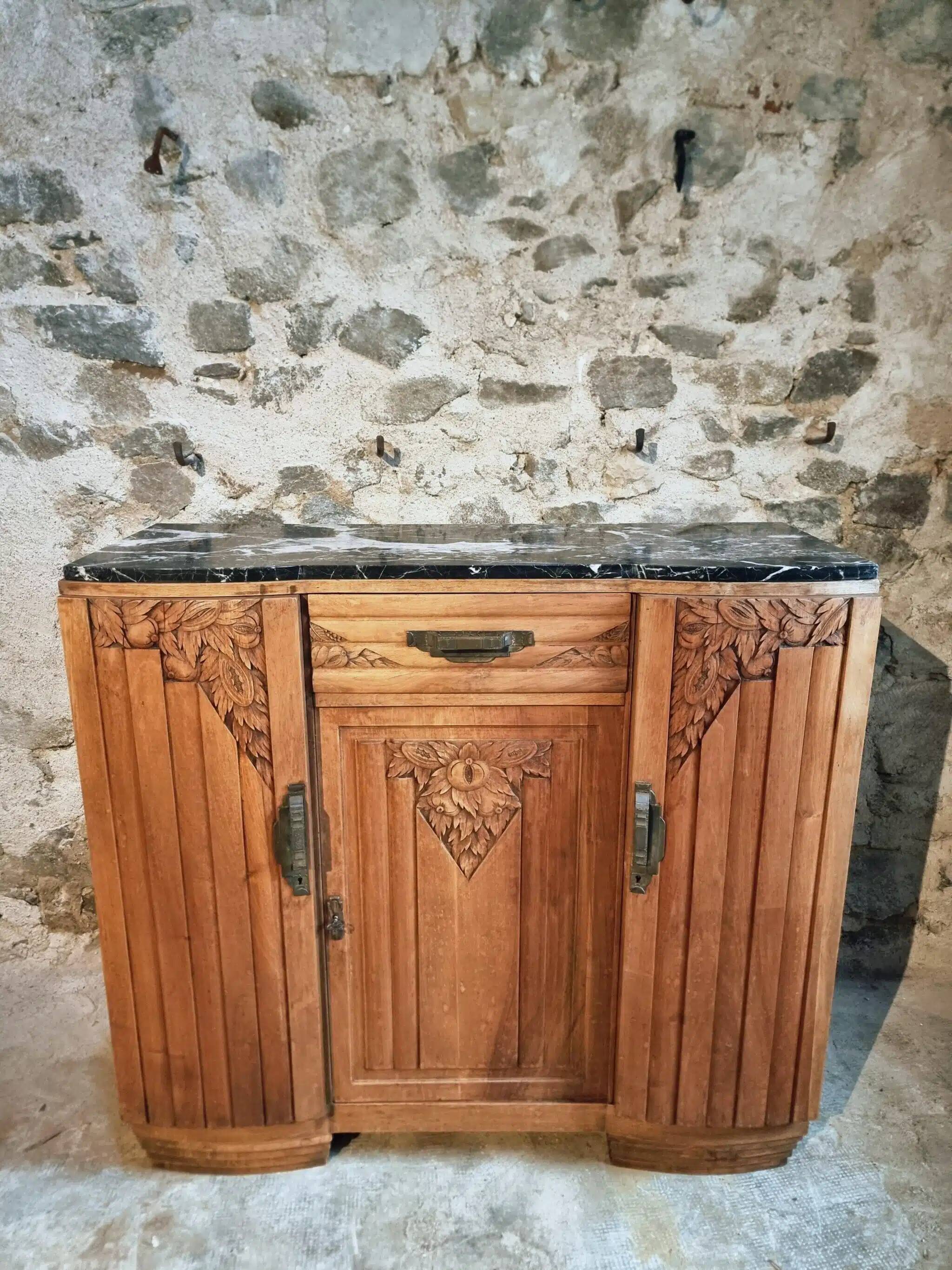 French Art Deco walnut sideboard with marble top, 1920s
