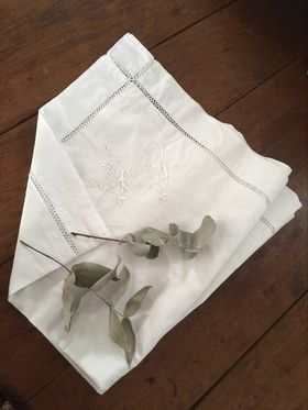 Old pillow taie in L B monogrammed cotton.