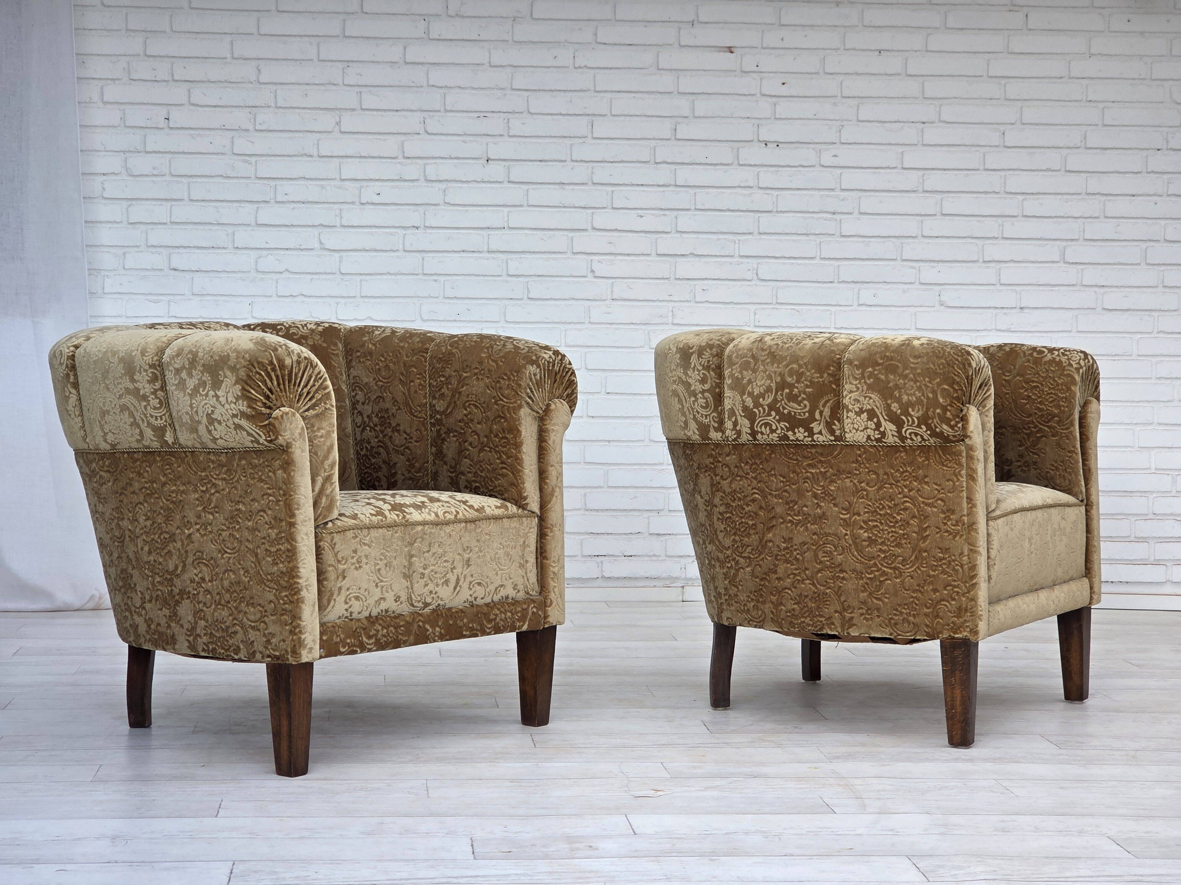 1960s, Danish vintage armchair, green furniture velour, ash wood legs.