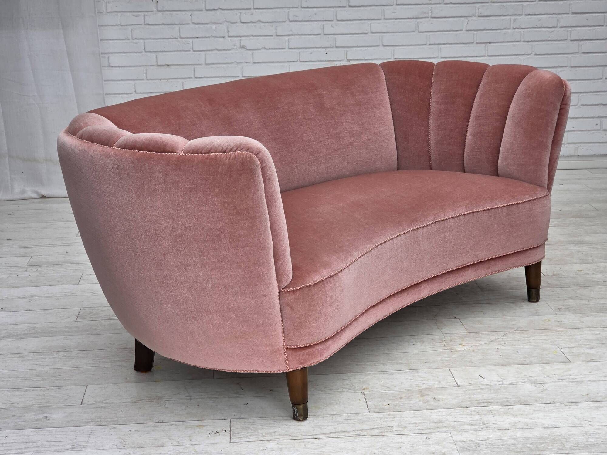 1970s, Danish 2-seater curved sofa, original salmon pink furniture velour.