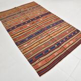 5x8 Wool Kilim Rug, Handwoven Blue & Red Wool Kilim Rug, 143x230Cm