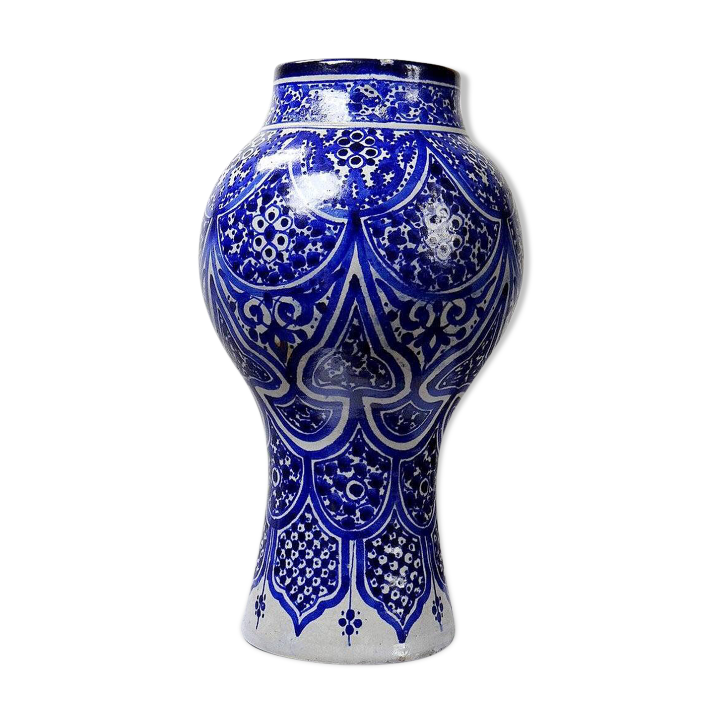 Large Moroccan vase/jar from Fès, handcrafted ceramic Khabia, 19th-20th century, cobalt.