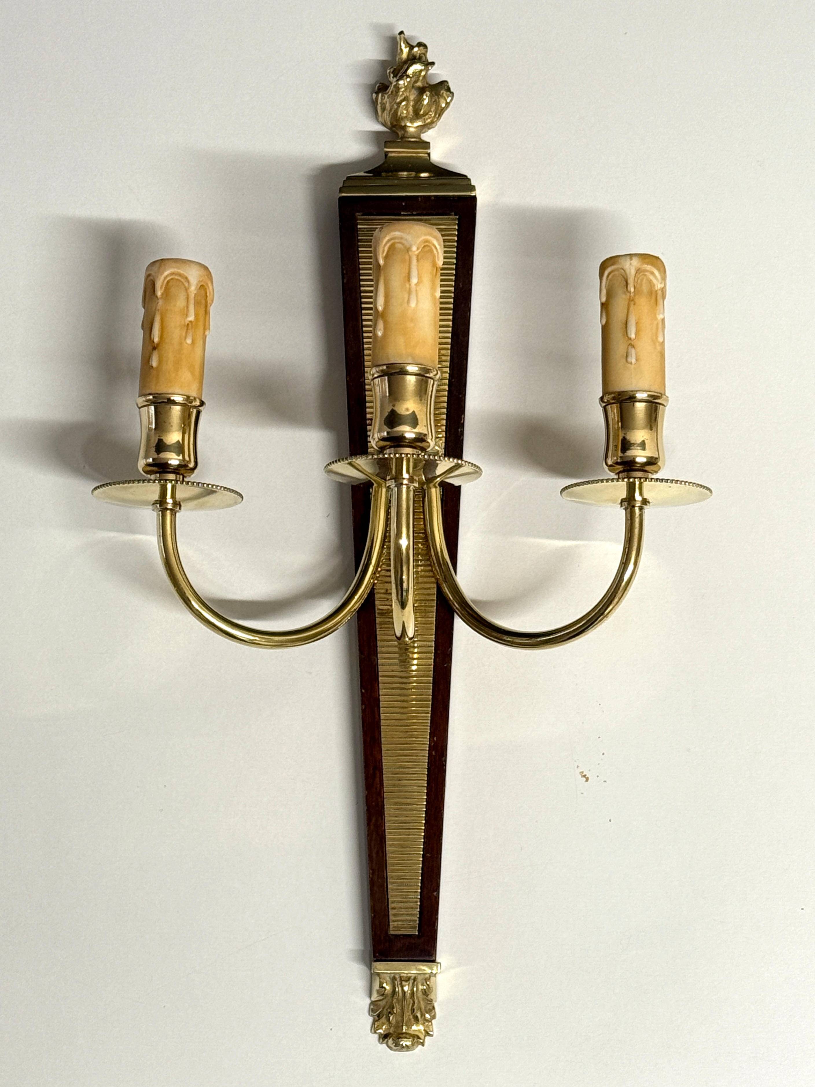 Antique Pair of 3-Light Wall Lights - Gilt Bronze and Mahogany - Neoclassical - 40's