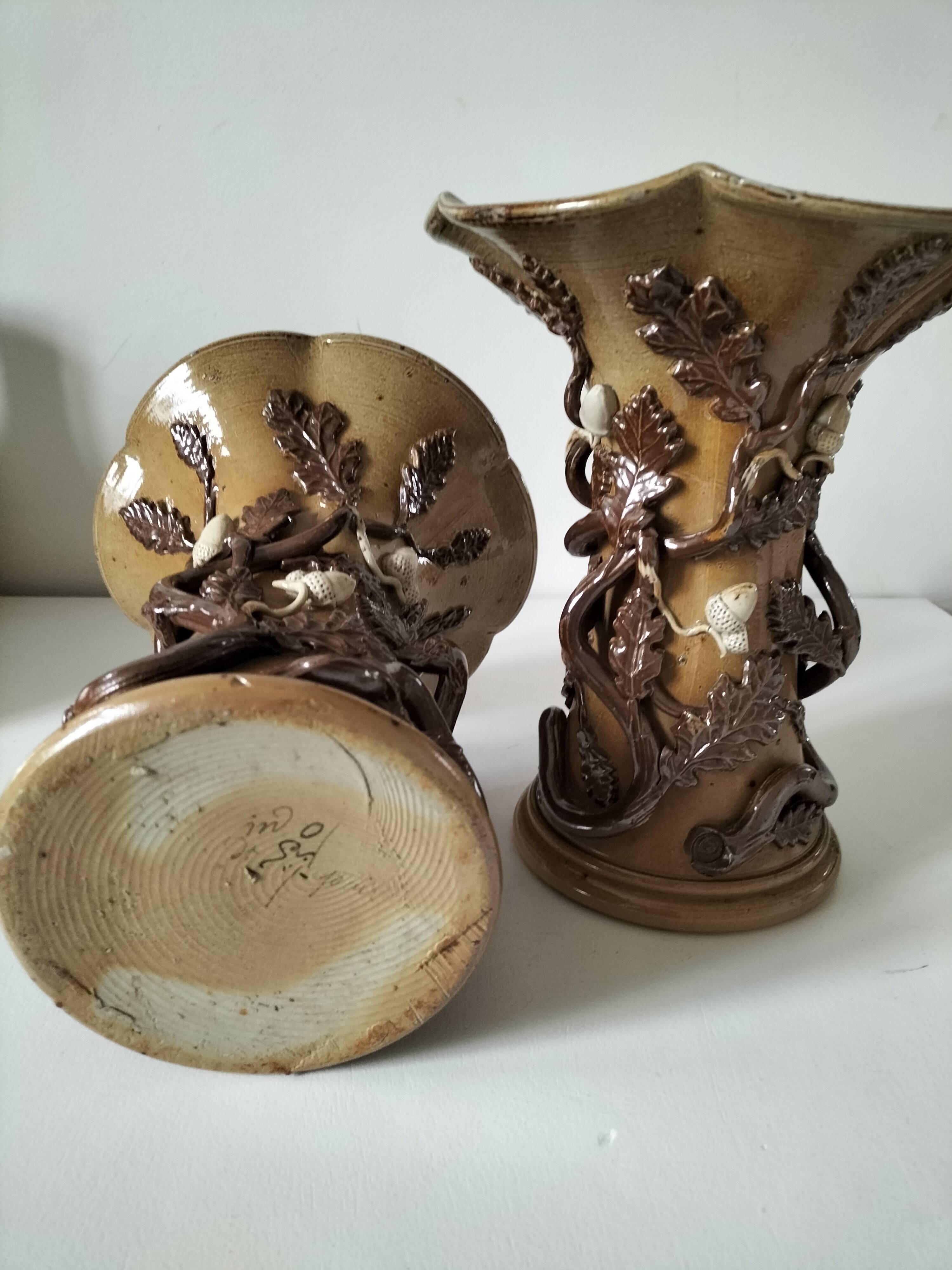 Duo of naturalistic stoneware vases – oak branches & acorns in relief