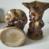 Duo of naturalistic stoneware vases – oak branches & acorns in relief