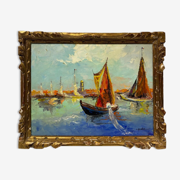 Tableau ancien, Marine à Saint-Tropez, signé, années 50/60