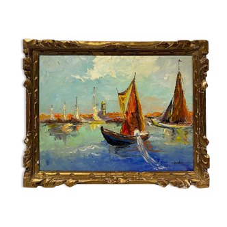 Tableau ancien, Marine à Saint-Tropez, signé, années 50/60