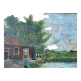 Peinture ancienne signée et datée, paysage animé, peinture à l’huile sur panneau de bois