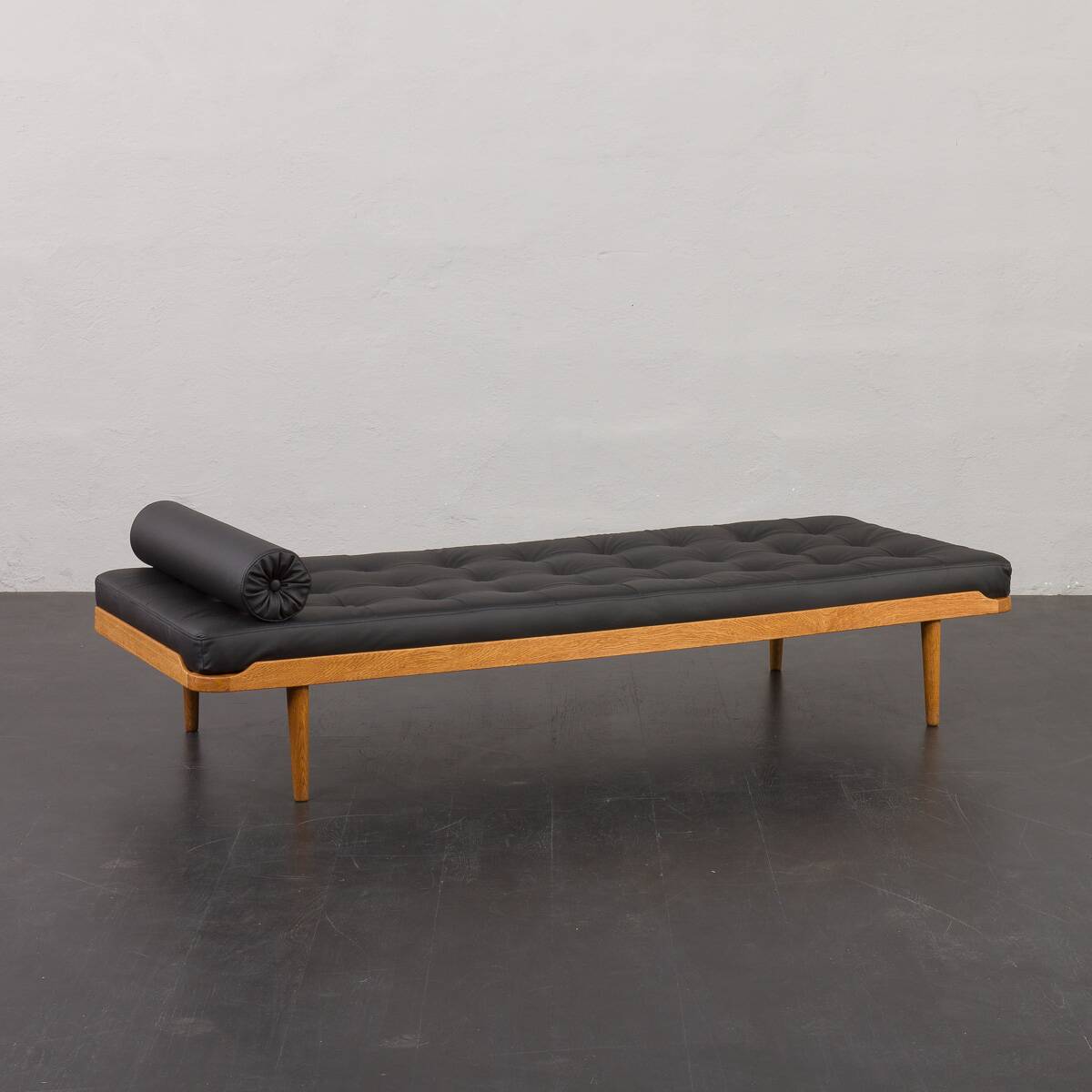 Danish mid century solid oak daybed in black leather, 1960s