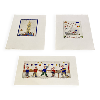 Ensemble de trois dessins estampillés.