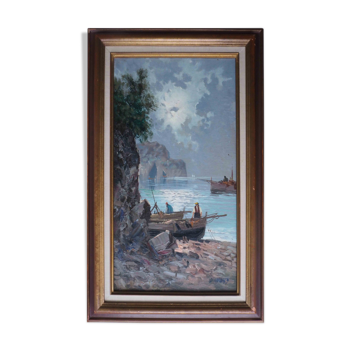 Painting marine fishermen in the moonlight signed + frame