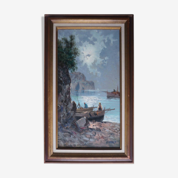 Painting marine fishermen in the moonlight signed + frame