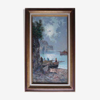 Tableau marine pêcheurs au clair de lune signé + cadre