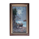 Painting marine fishermen in the moonlight signed + frame