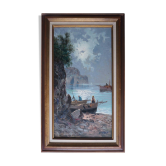 Tableau marine pêcheurs au clair de lune signé + cadre