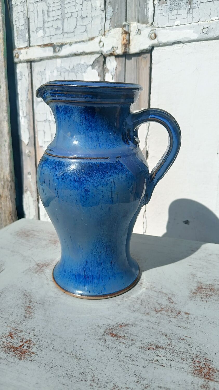 Vase, blue glazed ceramic jug – vintage handmade pottery