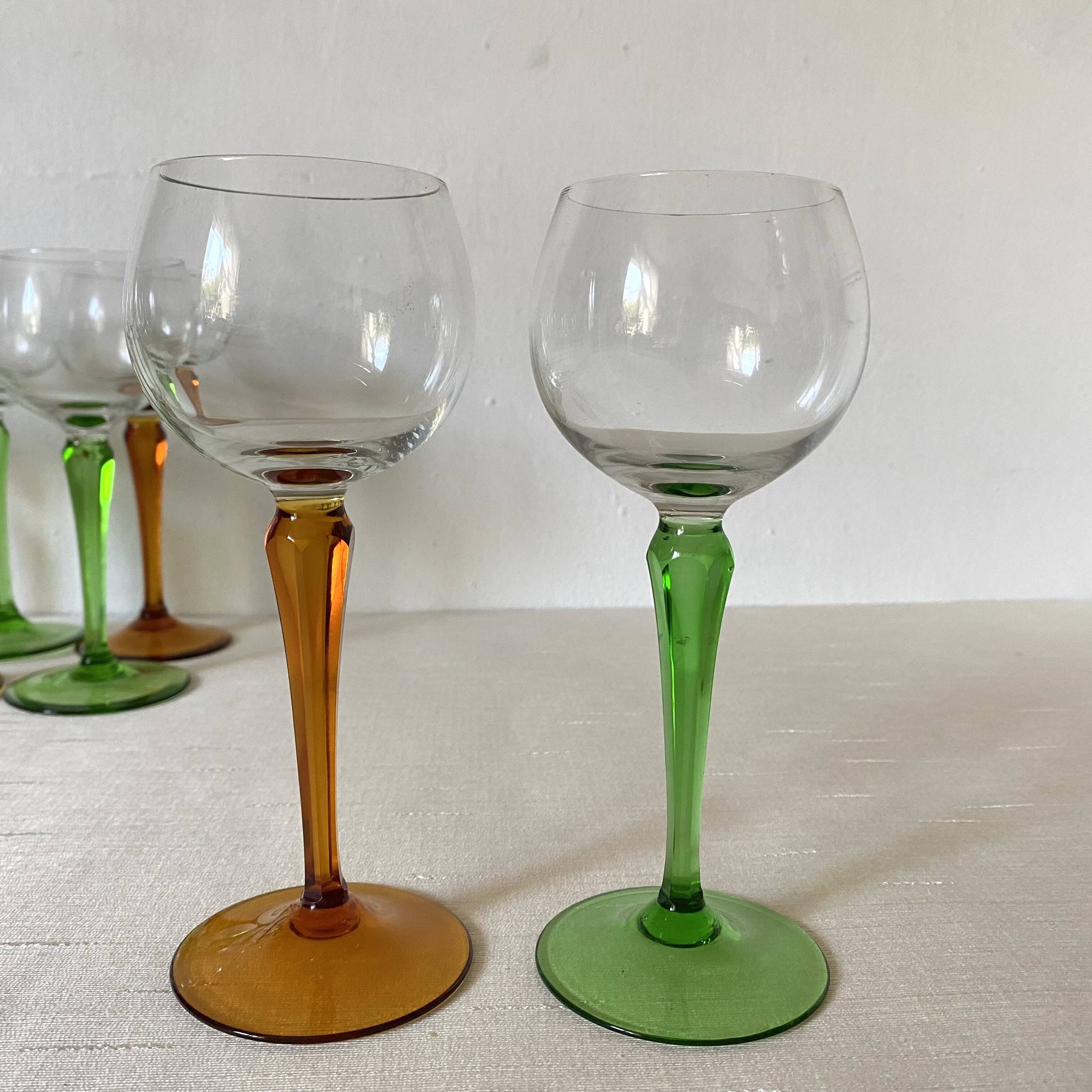 Vintage stemmed glasses, green or amber stem