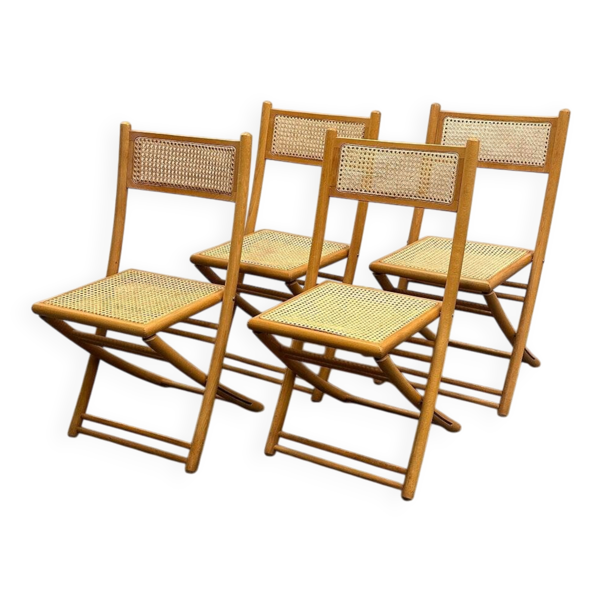 Rare set of four Belgian folding chairs in solid wood and hand-woven cane, mid-century