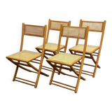 Rare set of four Belgian folding chairs in solid wood and hand-woven cane, mid-century